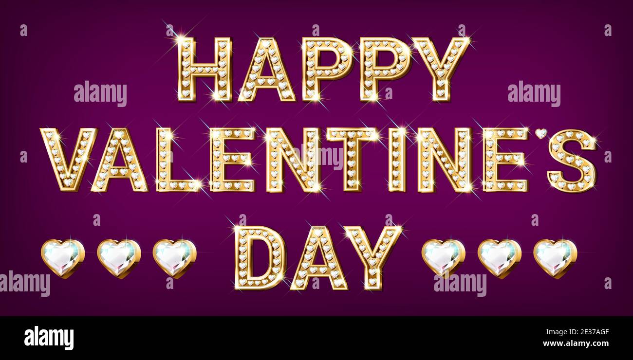 Wort von Happy Valentines Tag. Herzförmige Goldbuchstaben mit funkelnden Diamanten. Banner zum Valentinstag. Glückwunschkarte. Realistischer 3D-Stil auf einem Stock Vektor