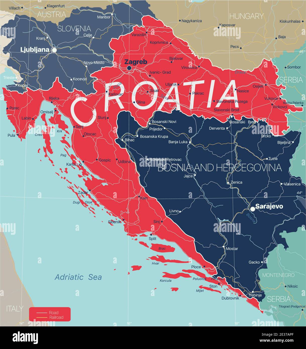 Kroatien Land detaillierte editierbare Karte mit Regionen Städte und Städte, Straßen und Eisenbahnen, geografische Standorte. Vector EPS-10-Datei Stock Vektor
