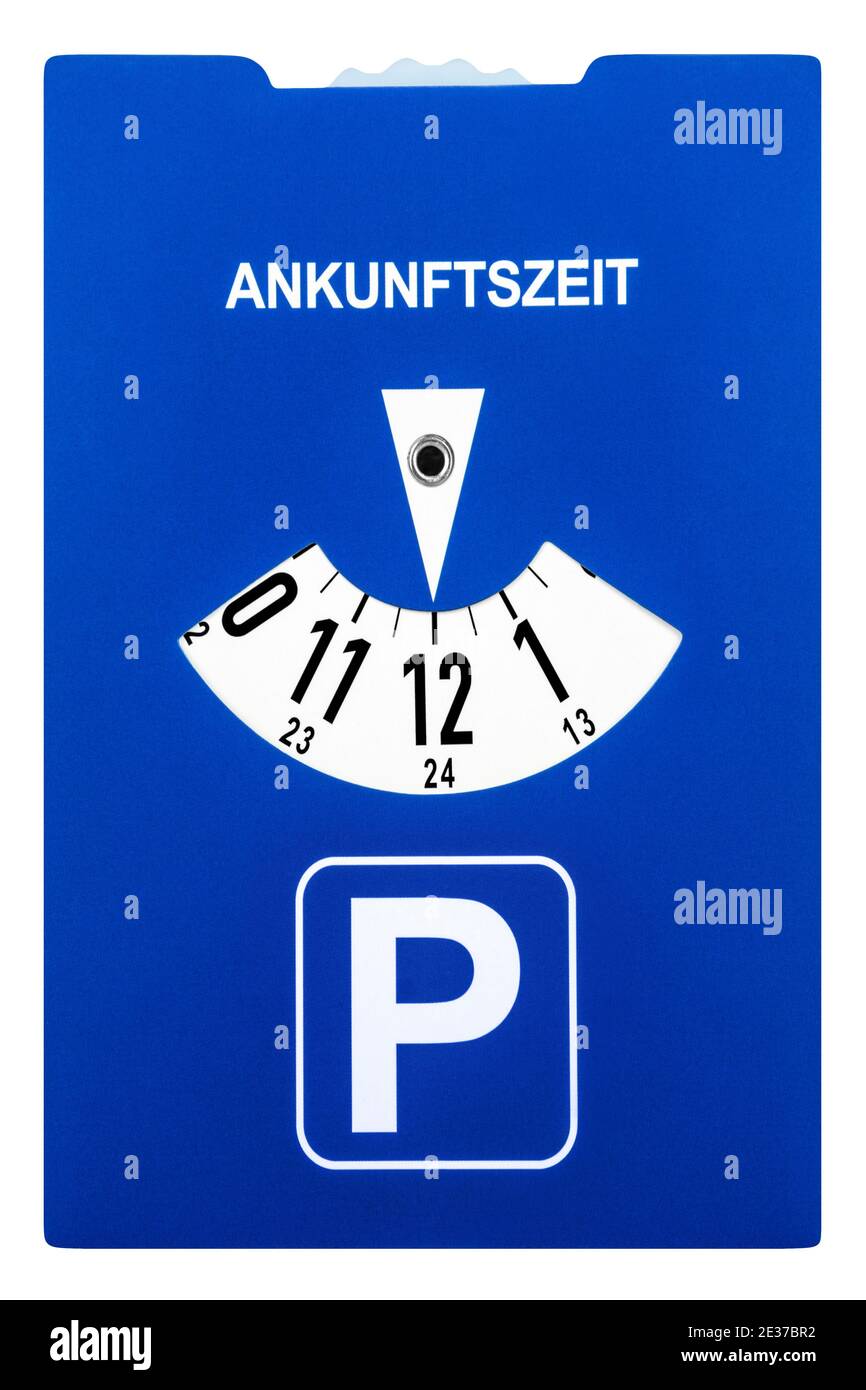 Blaue Parkscheibe und Ankunftszeit Stockfoto