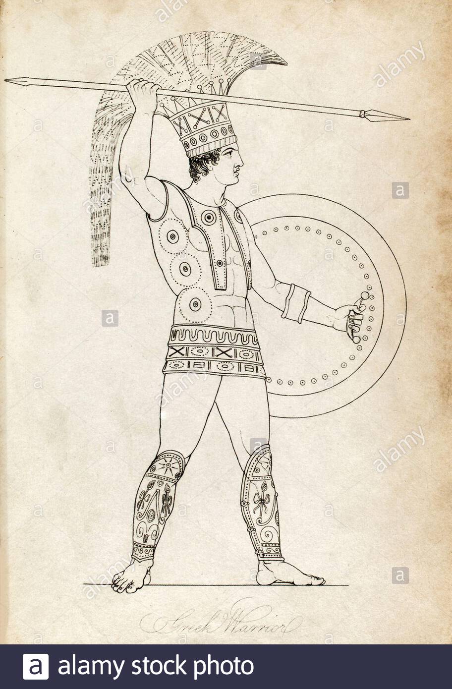 Altes Griechenland, griechischer Krieger, Vintage Illustration von 1814 Stockfoto