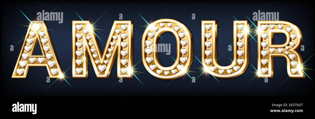 Das Wort Amour . Herzförmige goldene Buchstaben mit funkelnden Diamanten. Banner zum Valentinstag. Glückwunschkarte. 3D realistischer Stil auf einem dunklen Hintergrund Stock Vektor