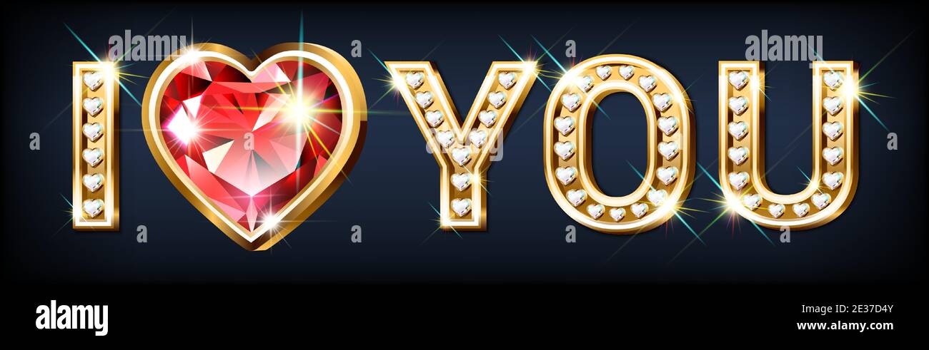 Das Wort Ich liebe dich. Herzförmige Goldbuchstaben mit funkelnden Diamanten und rotem großen Rubin. Banner zum Valentinstag. Glückwunschkarte. 3D realistisch Stock Vektor