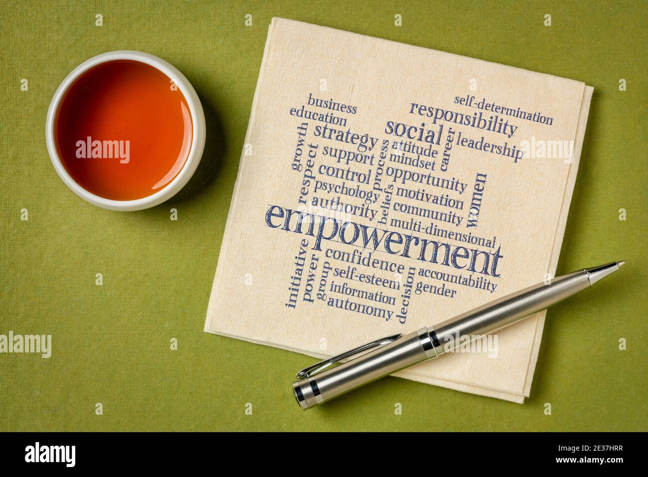 Empowerment Word Cloud - Handschrift auf einer Serviette mit einer Tasse Tee, Führung, Coaching Geschäft oder persönliche Entwicklung Stockfoto