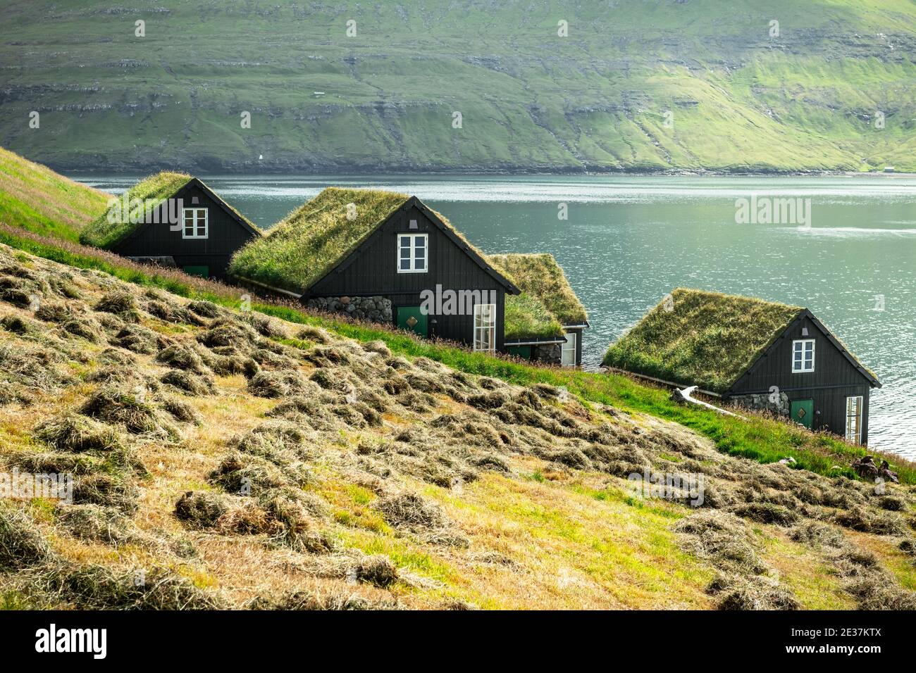 Malerische Aussicht auf tradicional Färöischen mit Gras bewachsenen Häuser im Dorf Bour im Herbst. Vagar Island, Färöer, Dänemark. Stockfoto