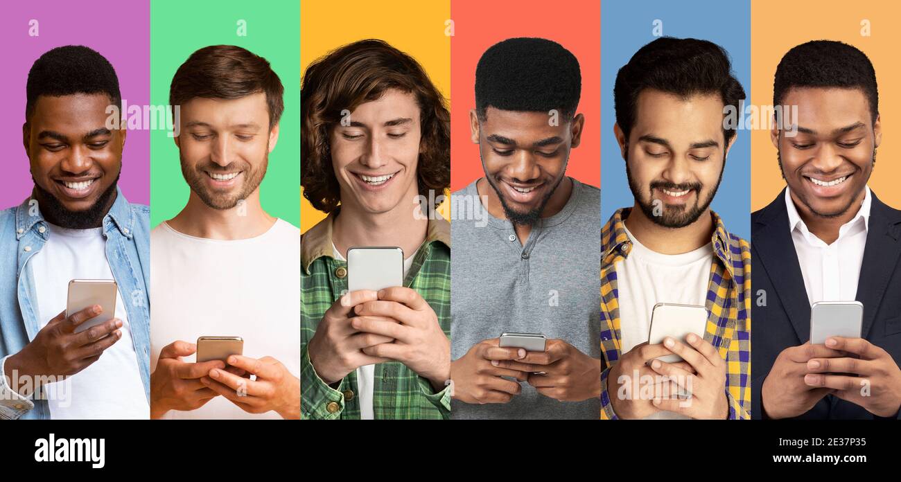 Reihe Von Verschiedenen Männern Mit Smartphones In Collage, Bunte Hintergründe Stockfoto