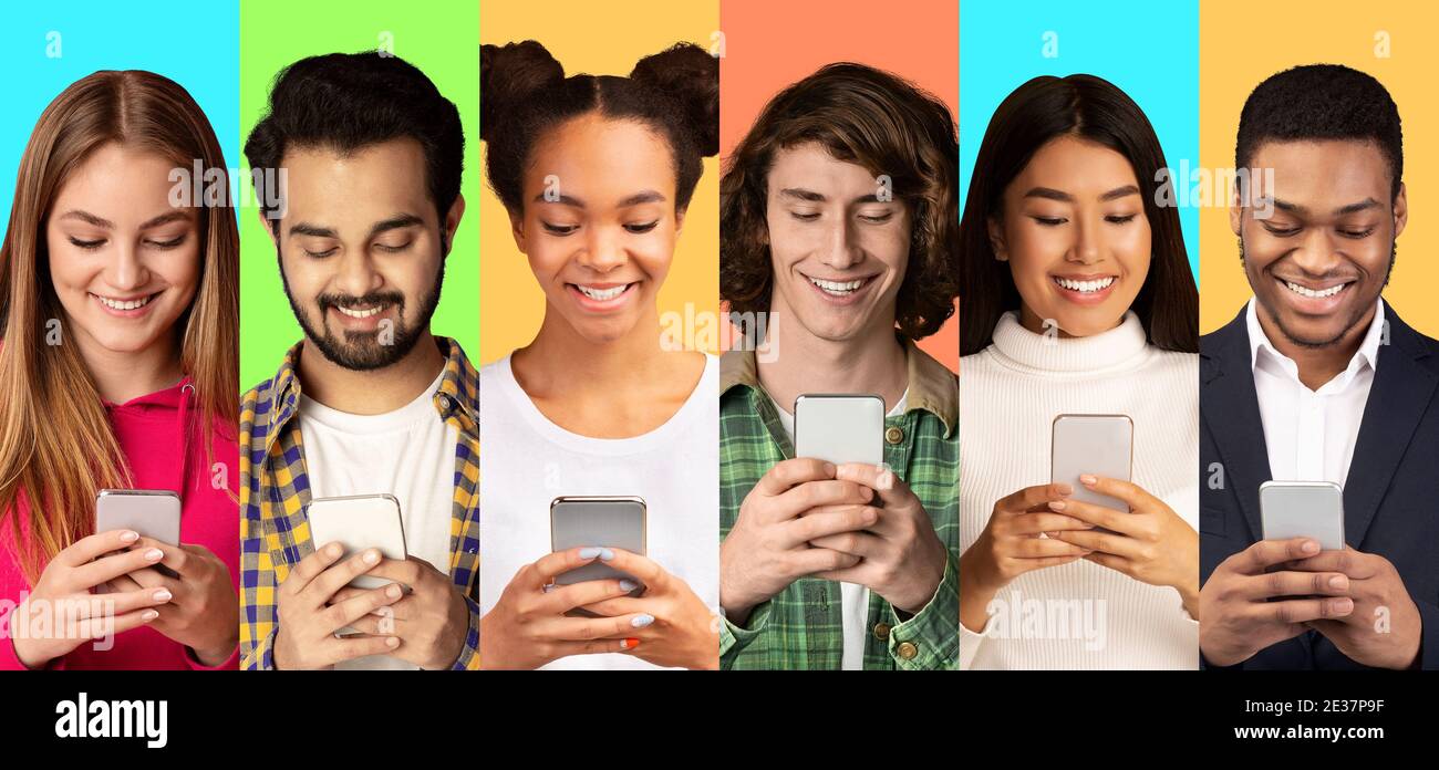 Multiethnische Junge Menschen Mit Mobiltelefonen Über Bunten Hintergründen, Collage Stockfoto