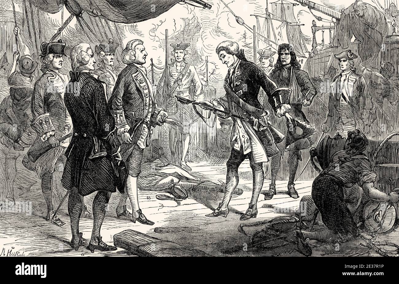 Chevalier de Saint-George von Invincible übergibt sein Schwert Admiral Anson nach der ersten Schlacht am Kap Finisterre am 14. Mai 1747 Stockfoto