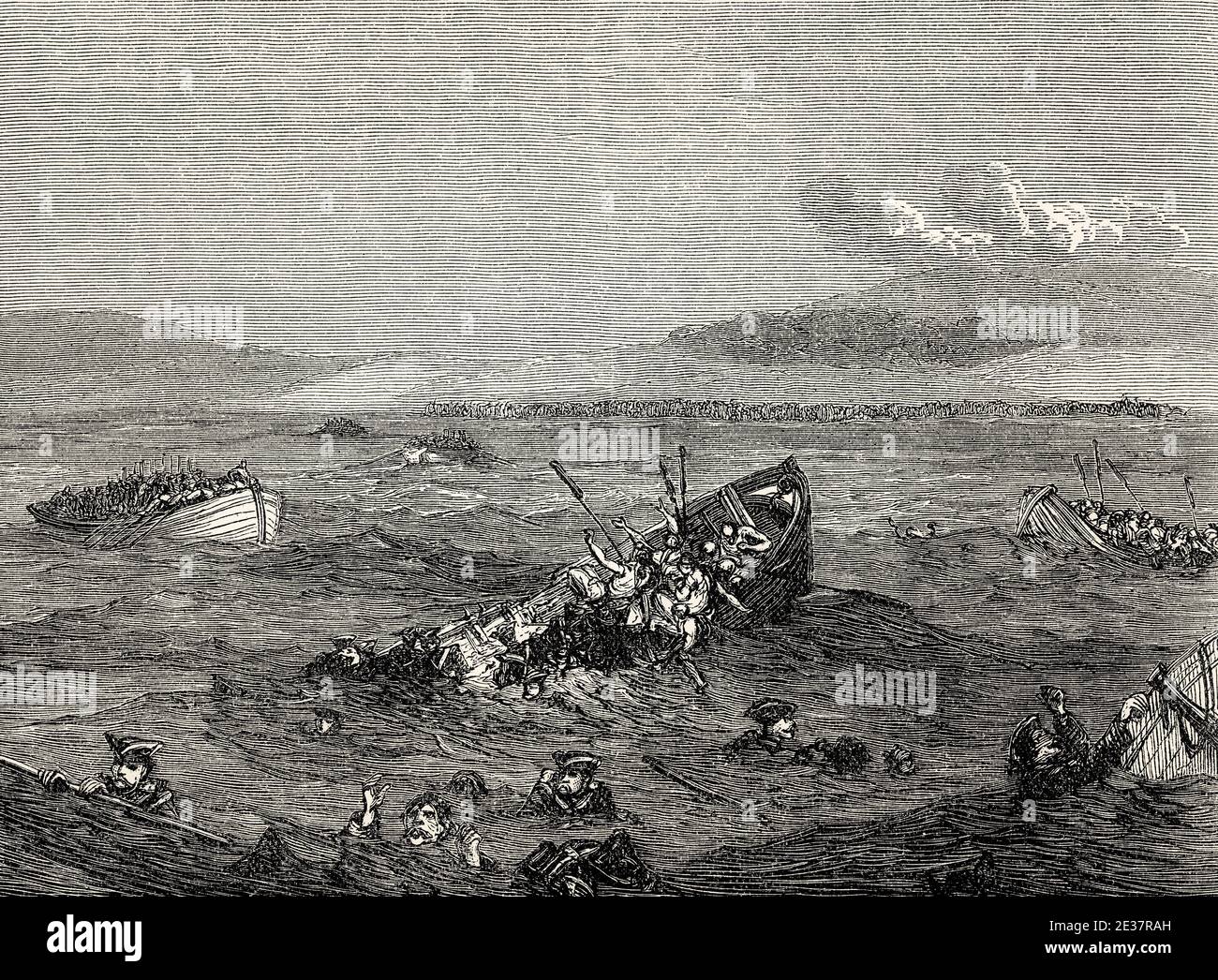 Britische Boote, die bei der Schlacht von Saint Cast, 11. September 1758, Siebenjähriger Krieg, versinken Stockfoto