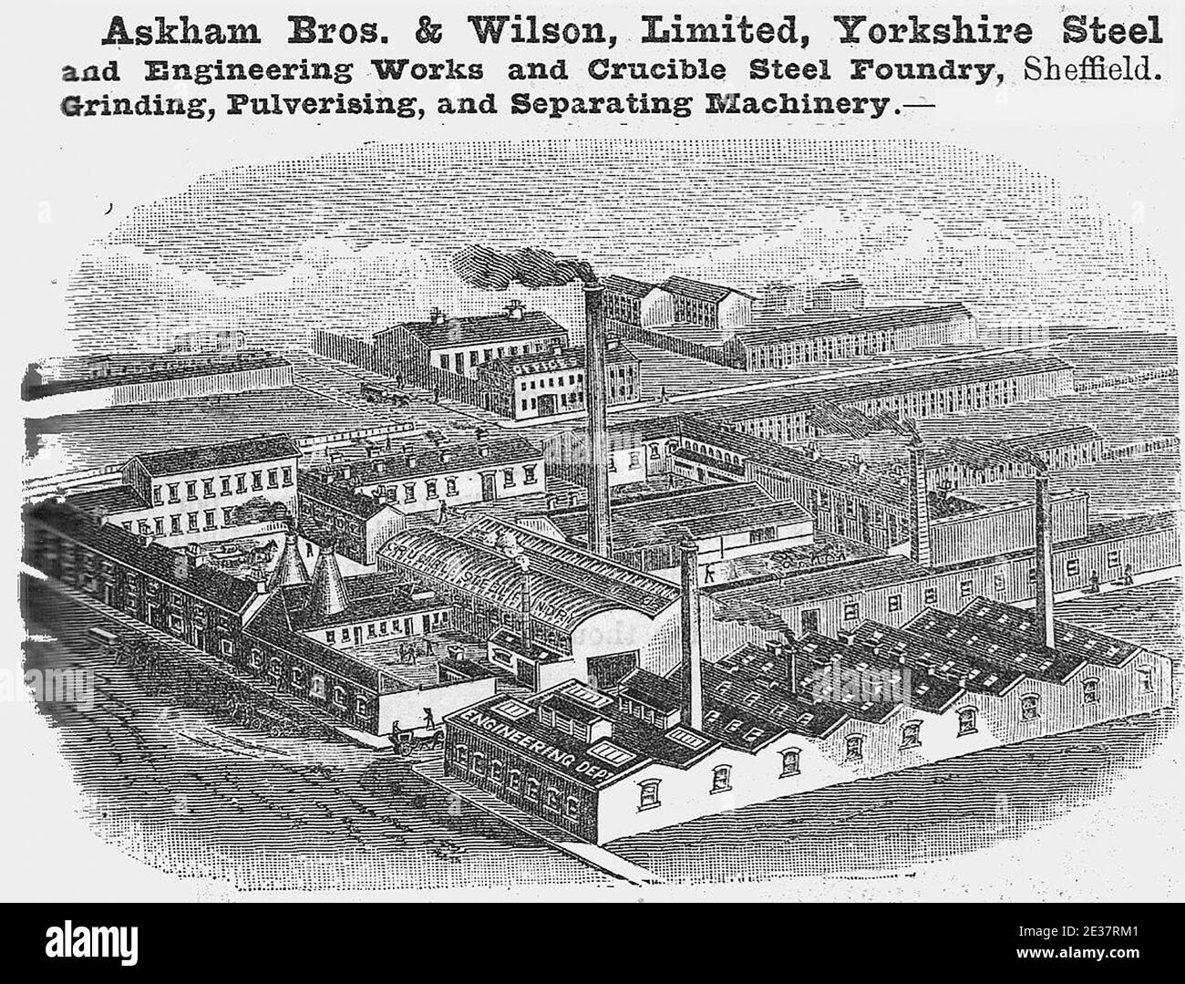 Askham bros and wilson, Limited, Steel and Engineering Works and ticible steel foundry, Sheffield, Yorkshire, UK eine Radierung, Gravur oder Lithographie aus der viktorianischen Zeit. Stockfoto
