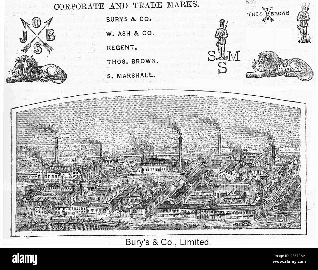 Bury's and Co Ltd, Regent Works, Sheffield, Yorkshire, Großbritannien. Stahl-, Feile- und Werkzeughersteller. Eine Radierung, Gravur oder Lithographie aus der viktorianischen Zeit. Stockfoto