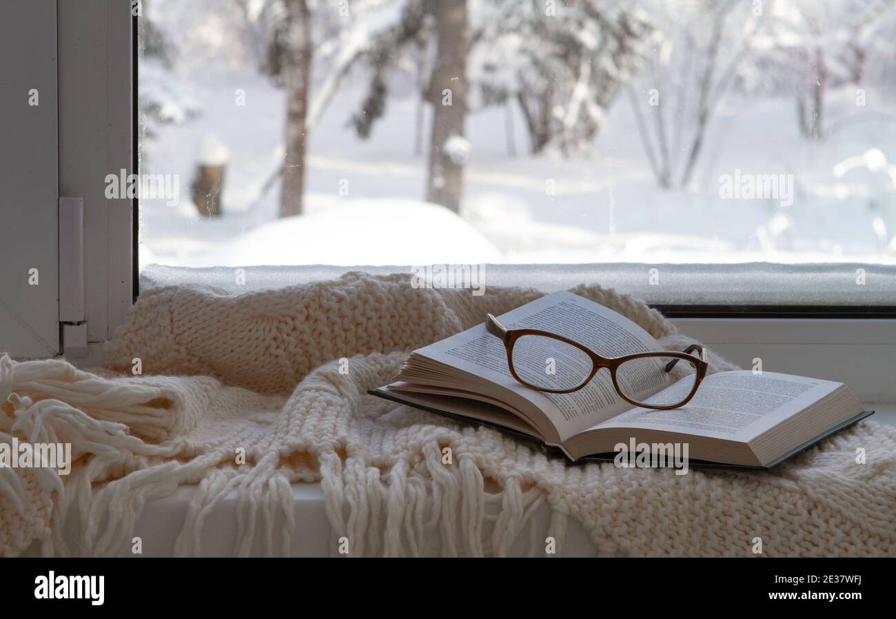 Warme, gemütliche weiße Gefangenschaft, Gläser und ein Buch, mit Blick auf das schneebedeckte Dorf. Gemütlicher Winter. Stockfoto