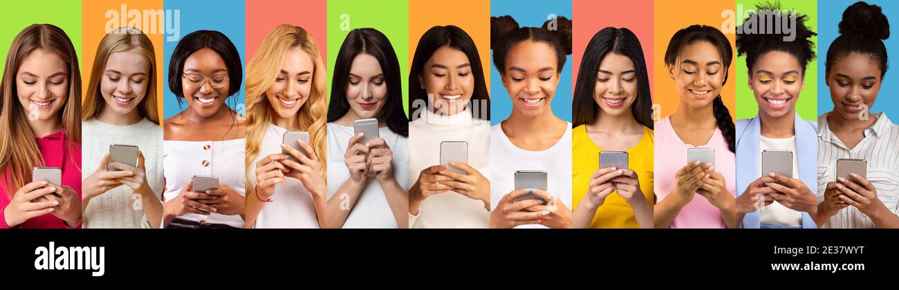 Multiethnische Damen Mit Smartphones Texting Über Farbigen Hintergründen, Collage, Panorama Stockfoto