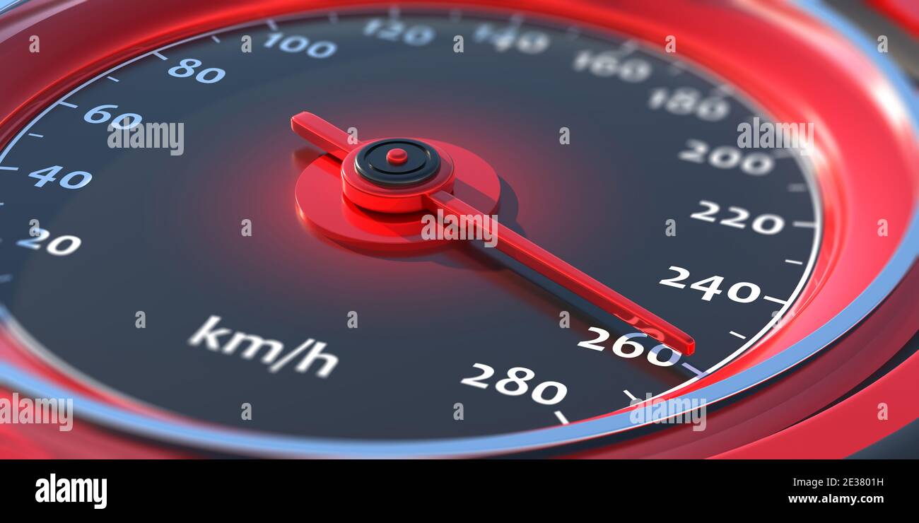 Schnelles, schnelles Fahrzeugkonzept. Automatischer Tachometer, analoge Nahaufnahme des Armaturenbretts mit Rundmesser. 260 km/h Geschwindigkeitsanzeige, rot und schwarz. 3d Stockfoto