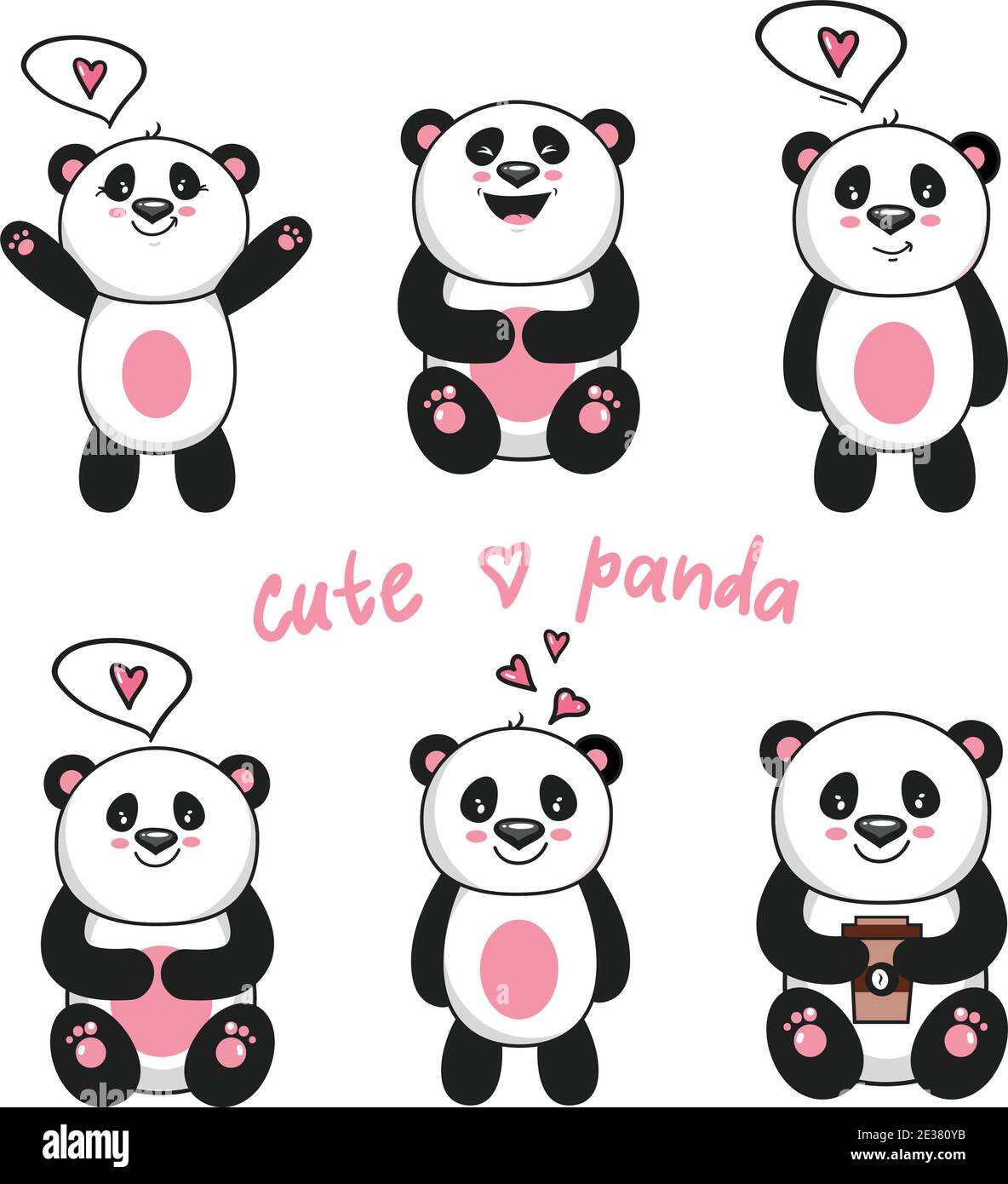 Niedliche Pandas. Spielzeug Tiere chinesische Symbole Panda tragen liebenswert lustig Baby Maskottchen Vektor-Charaktere Sammlung im Cartoon-Stil. Abbildung der Pfanne Stock Vektor