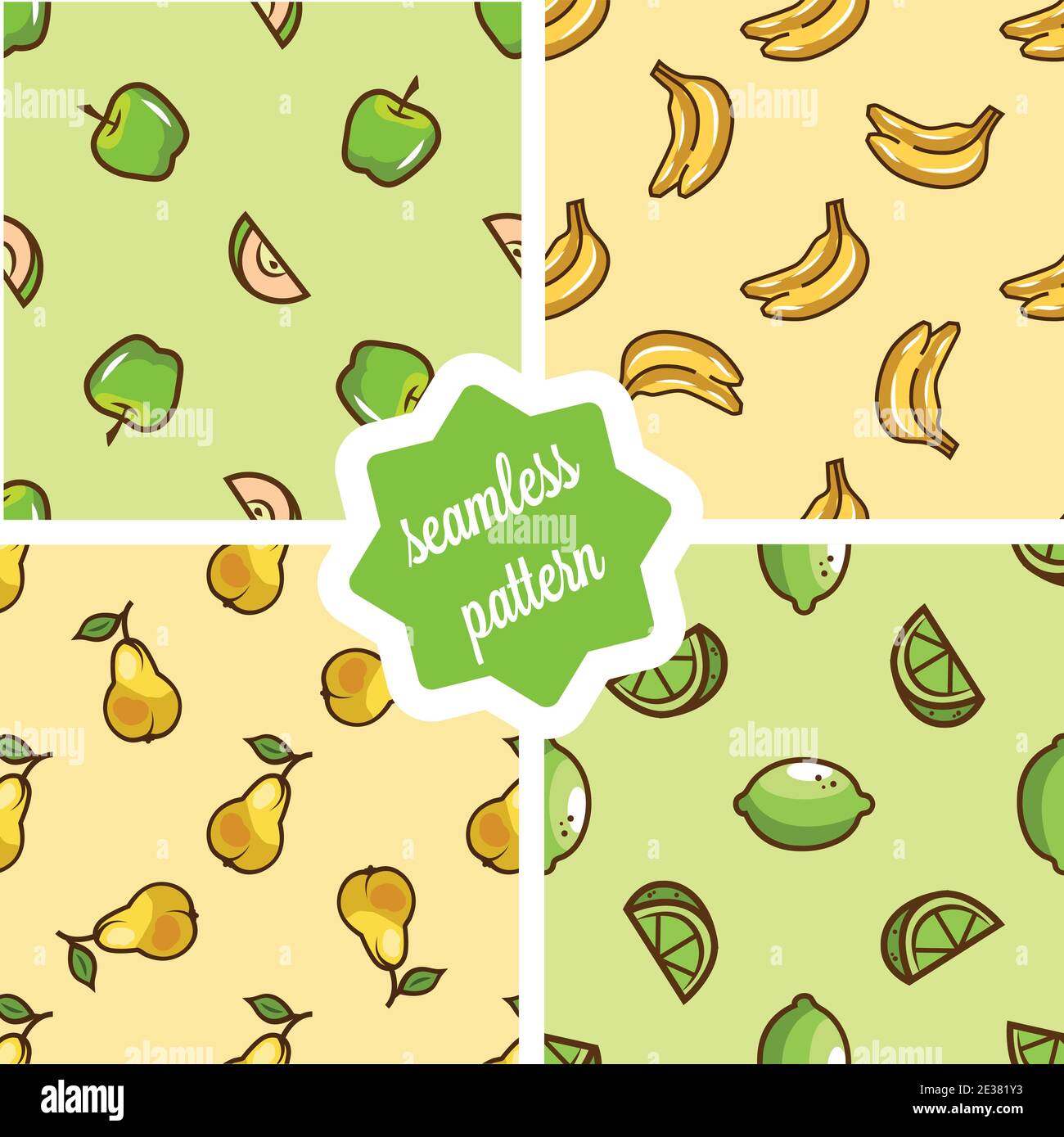Nahtlose Frucht Hintergründe Set-Vektor-Muster mit Banane, Birne, Apfel, Limette. Lustige Früchte. Niedliche Nahtloses Muster. Stock Vektor