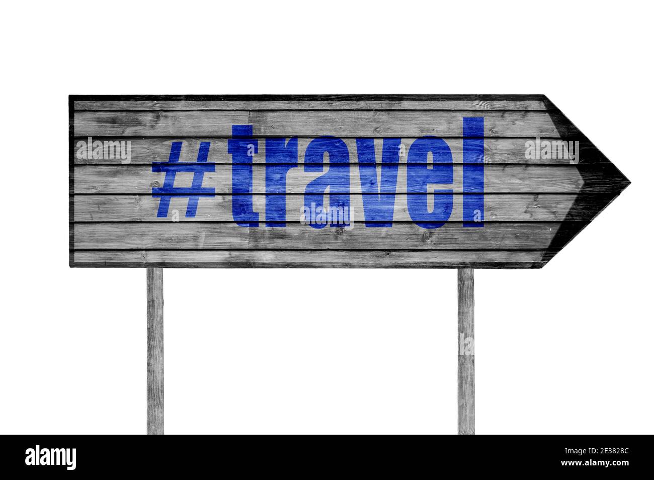 Das Wort mit Hashtag REISE Holzschild mit auf einem Strand Hintergrund Stockfoto