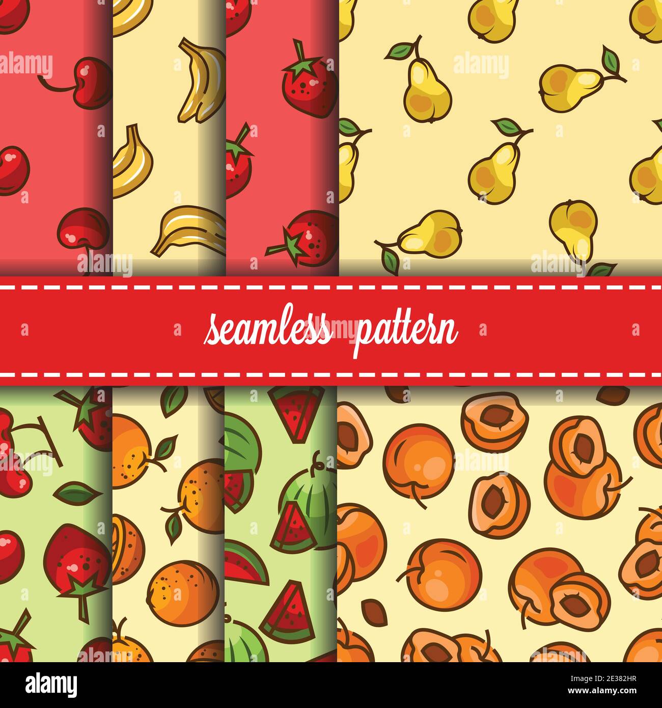 Nahtlose Frucht und Beeren Hintergründe Set-Vektor-Muster mit Banane, Birne, Kirsche, Erdbeere, Aprikose, Wassermelone, Orange . Lustige Früchte. Niedliche Seaml Stock Vektor