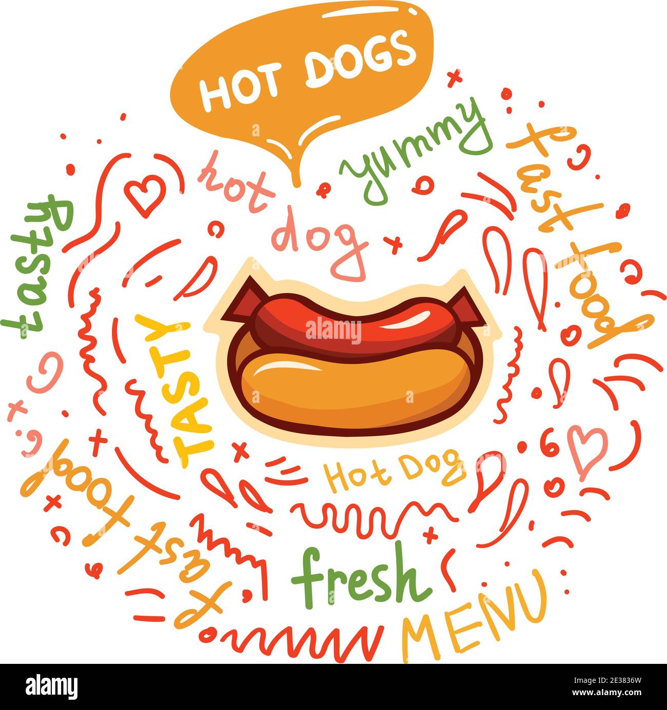 Farbenfrohe Vektorgrafik mit Hotdog, Kritzeleien und Schriftzug. Stock Vektor