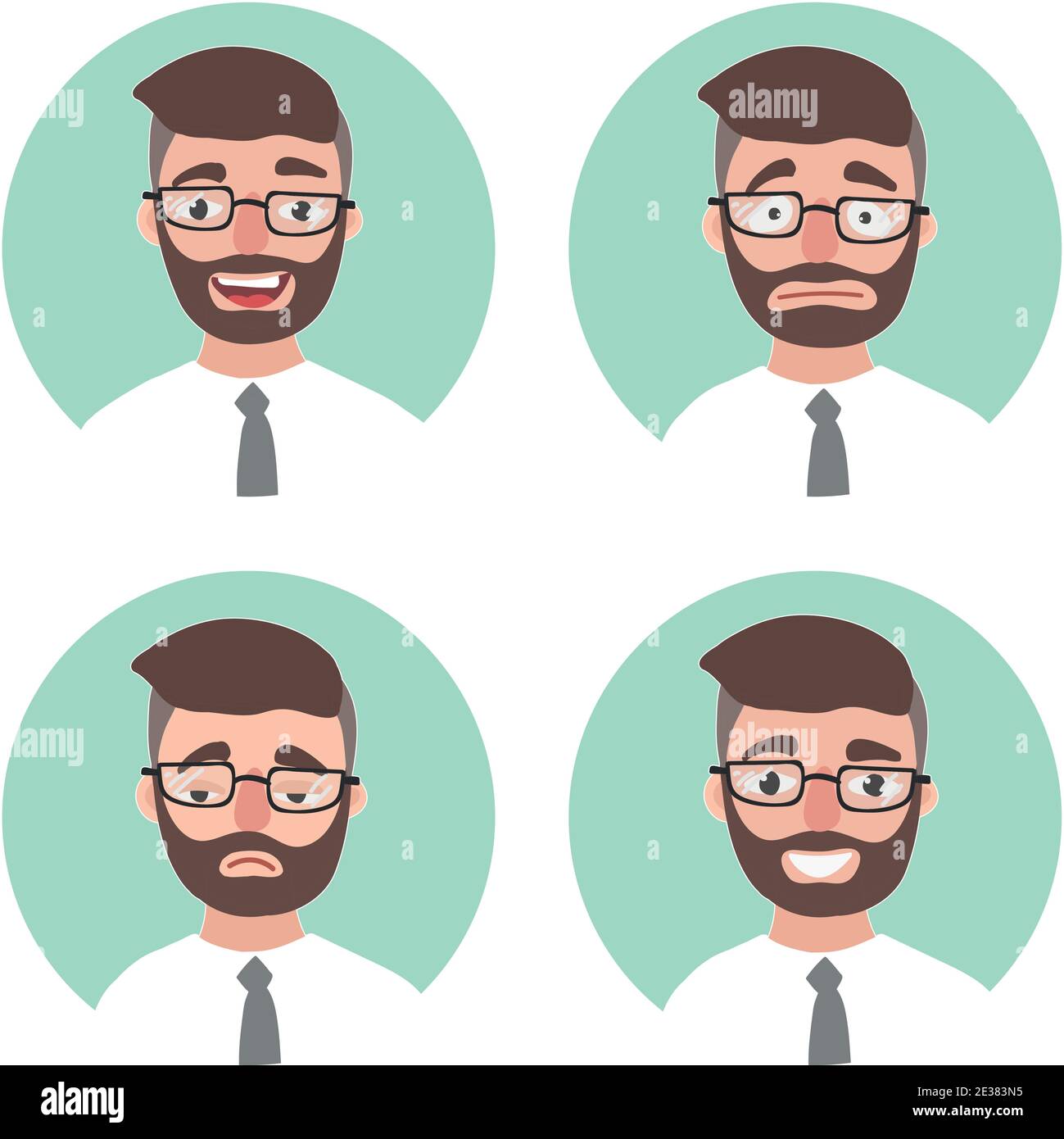 Set von jungen Hipster Mann Emotionen. Büroangestellte Portrait Emotionen Avatare. Illustration Geschäftsmann Stock Vektor