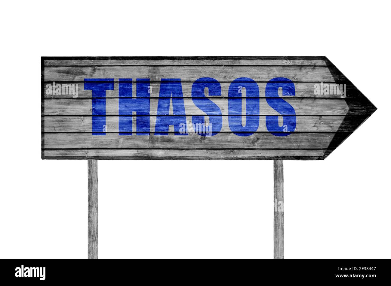 Thasos Holzschild mit Strand Hintergrund Stockfoto