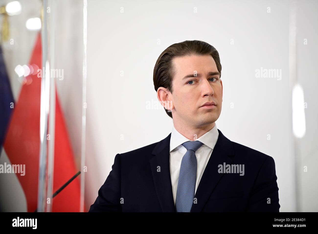 Wien, Österreich. Januar 2021. Presseerklärungen der österreichischen Bundesregierung. Aufgrund der hohen Anzahl von Infektionen mit Covid-19 wird die Sperre verlängert. Bild zeigt Bundeskanzler Sebastian kurz. Stockfoto