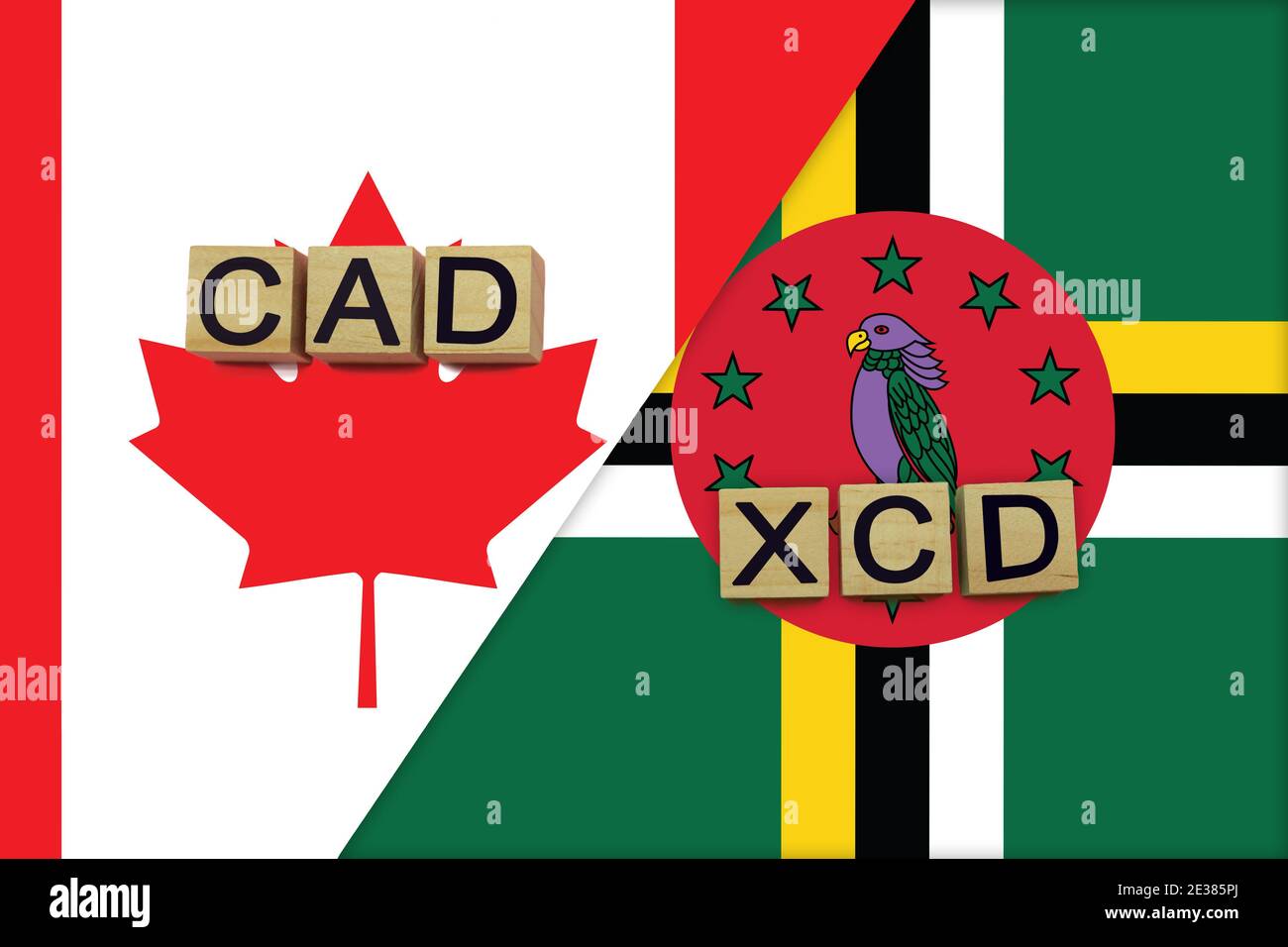 Kanada und Dominica Währungen Codes auf nationalen Flaggen Hintergrund. Internationales Geldtransferkonzept Stockfoto