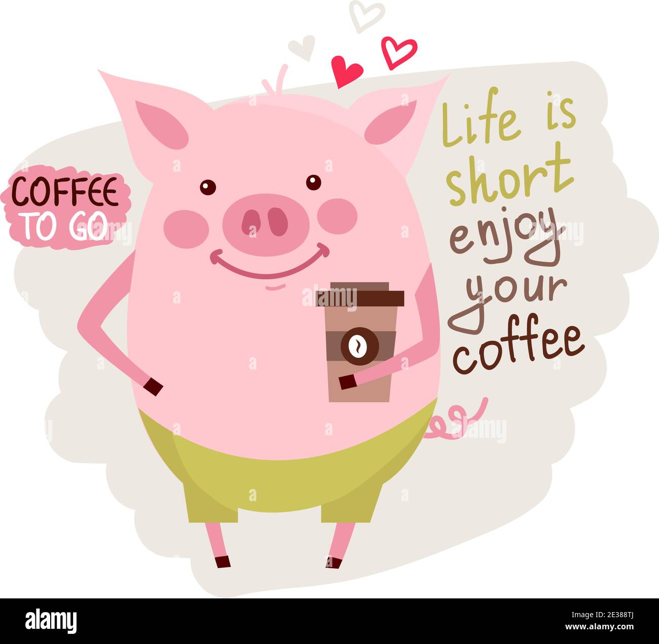 Vektor-Illustration, Happy New Year 2019 lustige Karte Design mit Cartoon Schwein mit der Tasse Kaffee. Abbildung Kaffee am Morgen Stock Vektor