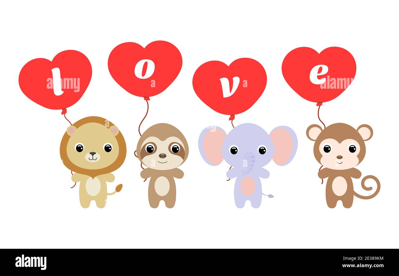 Gruppe von niedlichen Tieren. Cartoon Löwe, Faultier, Elefant, Affen stehen und halten Ballons in den Händen. Alles Liebe zum Valentinstag. Zeichensatz isoliert Stock Vektor