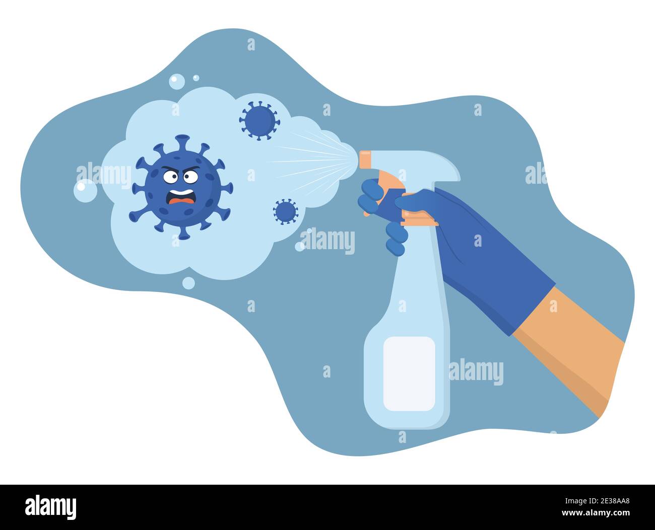 Coronavirus Charakter Angst vor Sprühen Desinfektionsmittel. Hand in einem Schutzhandschuh hält ein Spray Desinfektionsmittel. Kampf covid 19 mit Desinfektion. Vektor-il Stock Vektor