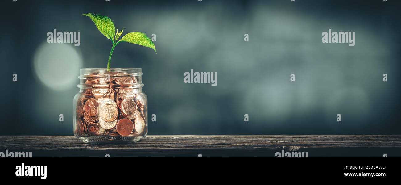 Pflanze, Die Aus Dem Glas Der Münzen Auf Holztisch Wächst - Konzept Für Das Investitionswachstum Stockfoto