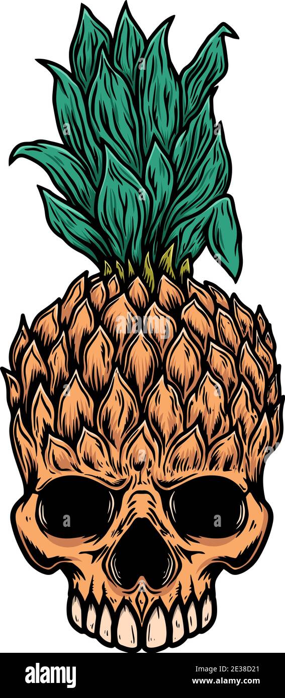 Abbildung von Ananas Schädel. Gestaltungselement für Logo, Etikett, Schild, Plakat, Karte. Vektorgrafik Stock Vektor