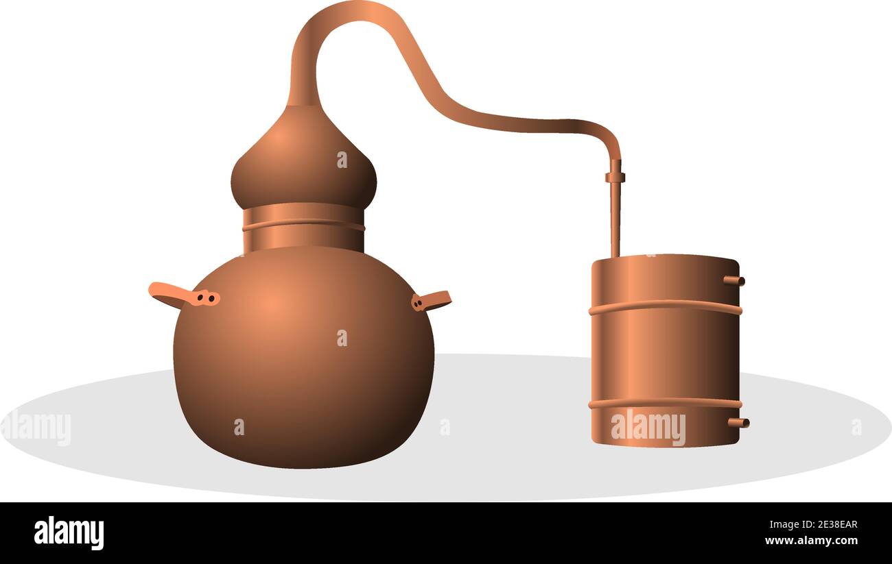 Alambisches Kupfer. Ein Destillationsgerät zur Herstellung von Alkohol, ätherischen Ölen und Mondschein. vektorgrafik. Stock Vektor