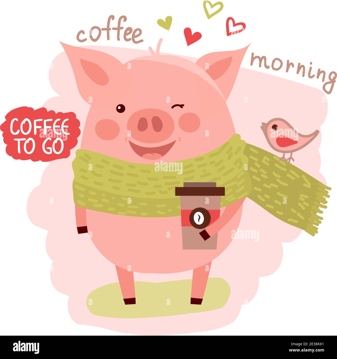 Cute Cartoon Schwein mit der Tasse Kaffee. Kaffee Morgen Frühling Illustration isoliert auf weiß. Vektor-Illustration mit Cartoon-Symbol der chinesischen Cale Stock Vektor