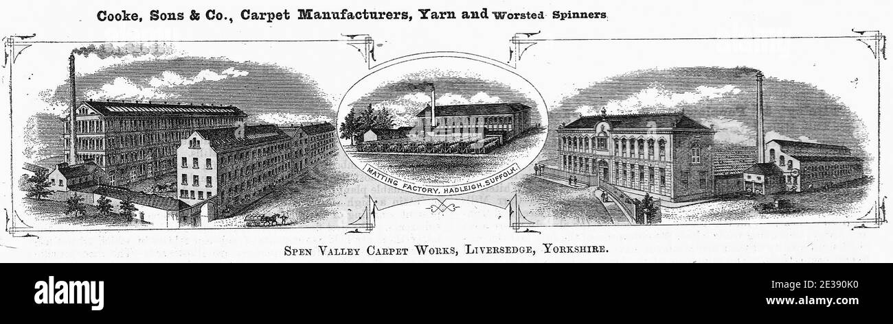 COOKE, SONS & CO, TEPPICHHERSTELLER, GARN- UND KAMMSPINNER, SPEN VALLEY TEPPICHARBEITEN UND SPINNEREIEN, LIVERSEDGE, YORKSHIRE, UK. Eine Radierung, Gravur oder Lithographie aus der viktorianischen Zeit. Stockfoto