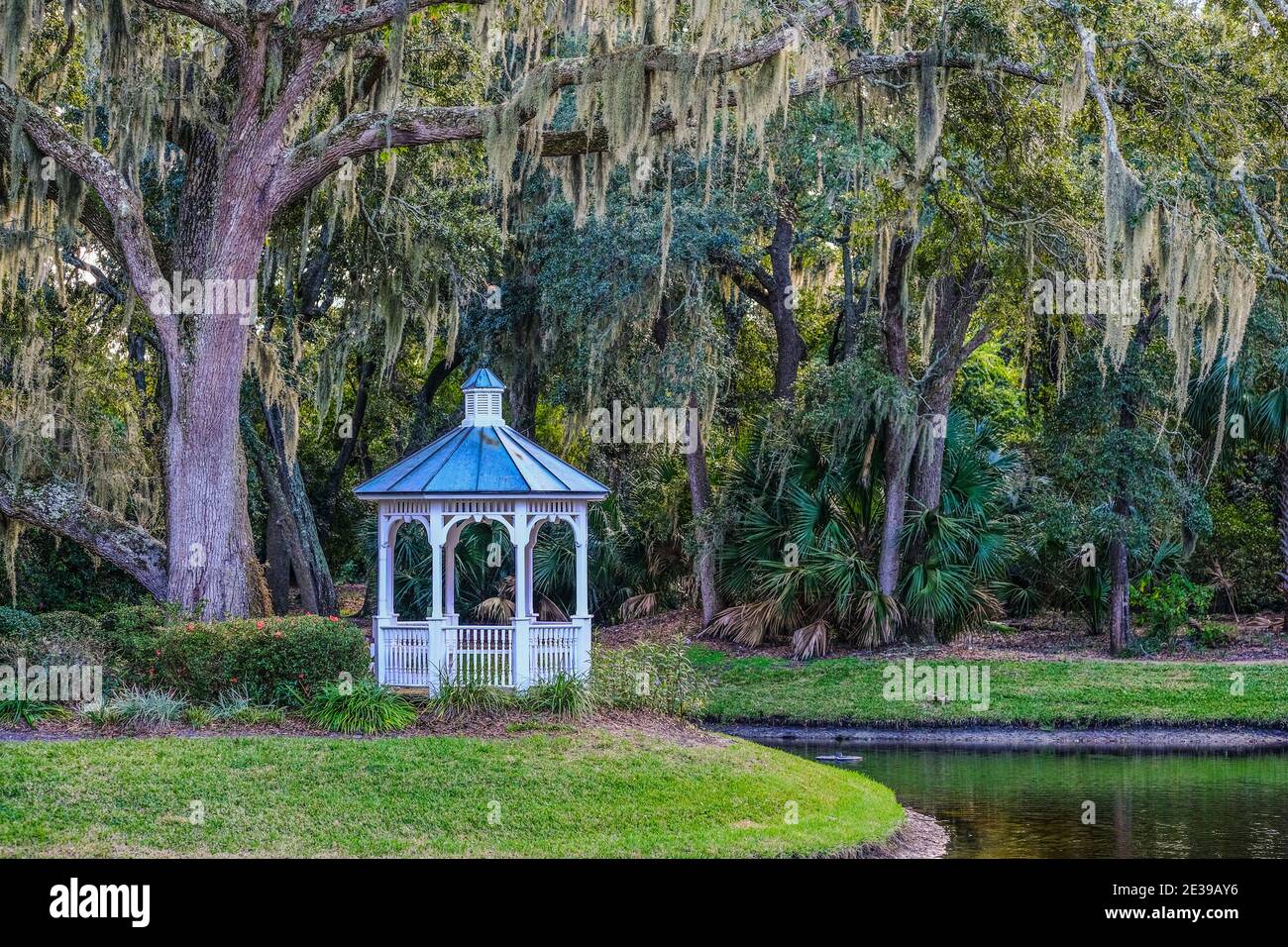 White Gazebo Unter Moos Stockfoto
