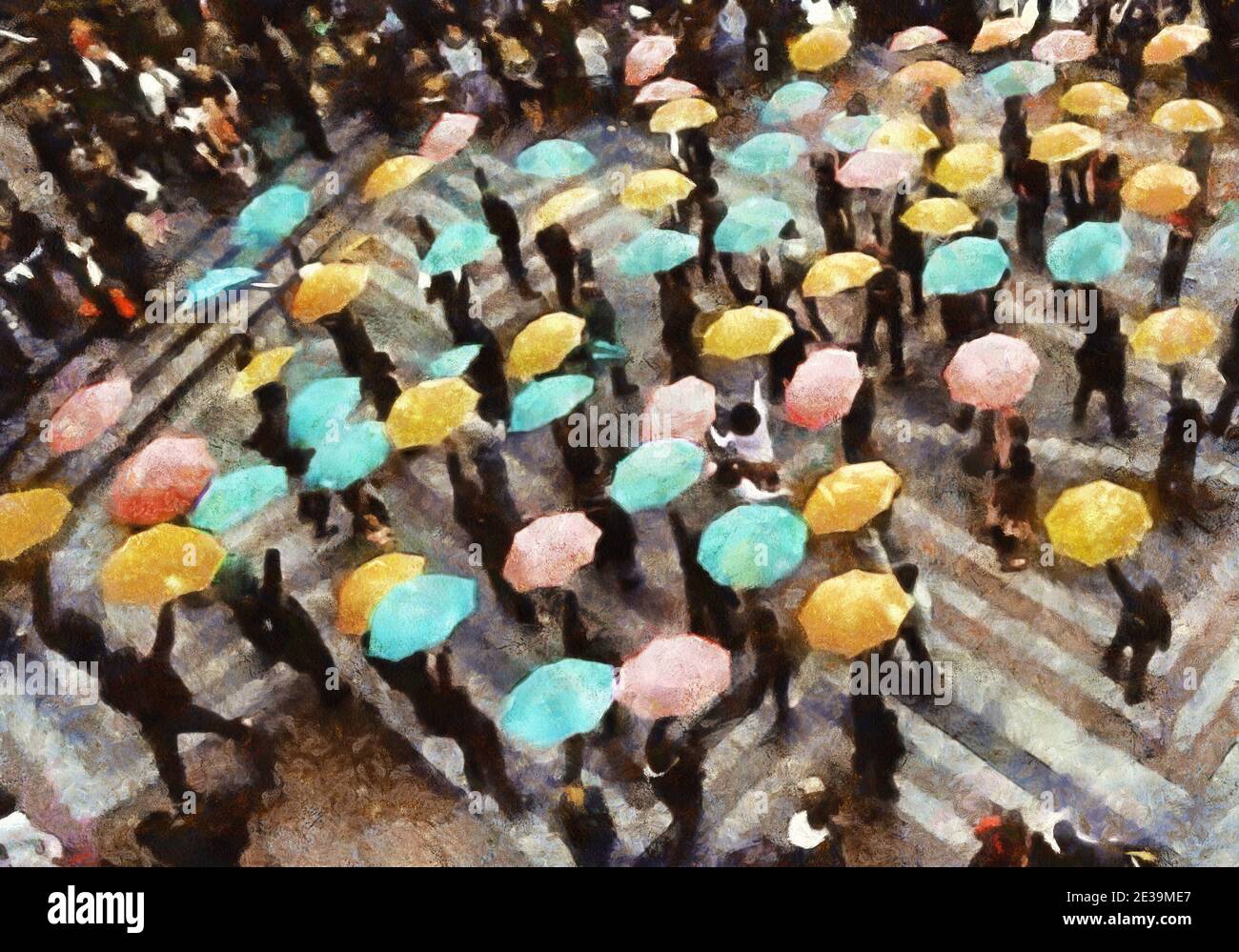 Eine Menge Leute mit Schirmen. Draufsicht. Künstlerische Arbeit zum Thema Gesellschaft Stockfoto