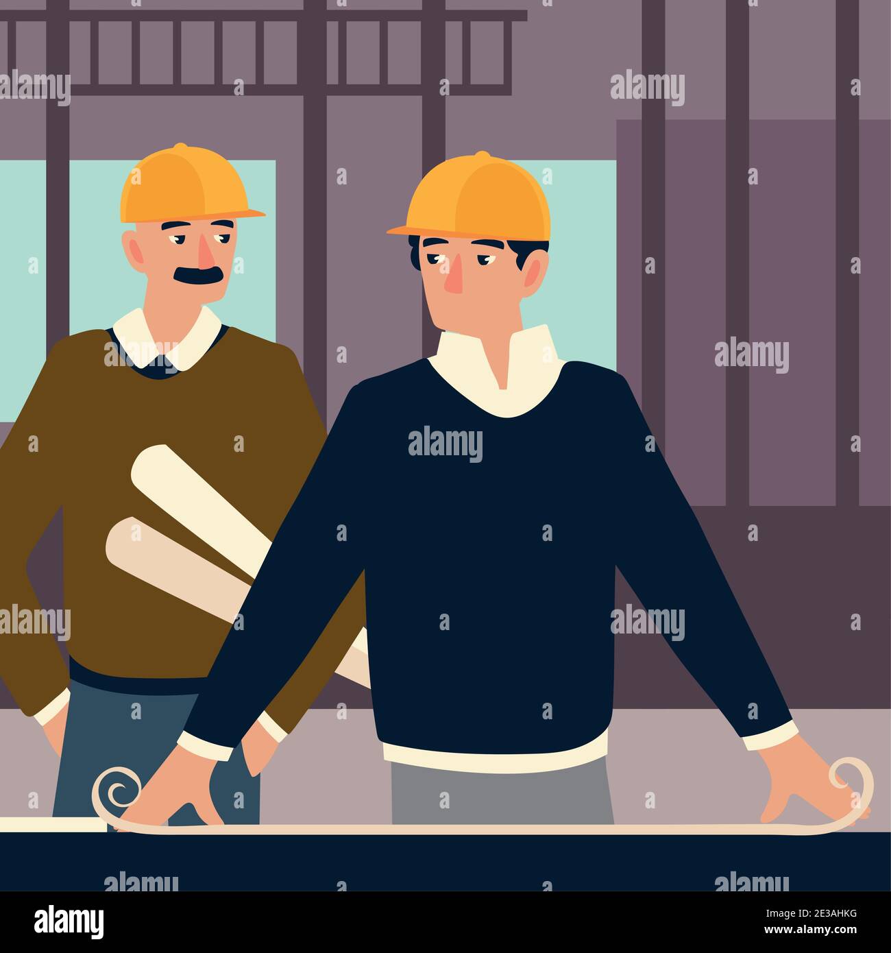 Bauherren Und Architekten Mann Architekt Zeigt Zeichnung Gebaude Blaupause Auf Dem Tisch Zu Bauarbeiter Vektor Illustration Stock Vektorgrafik Alamy