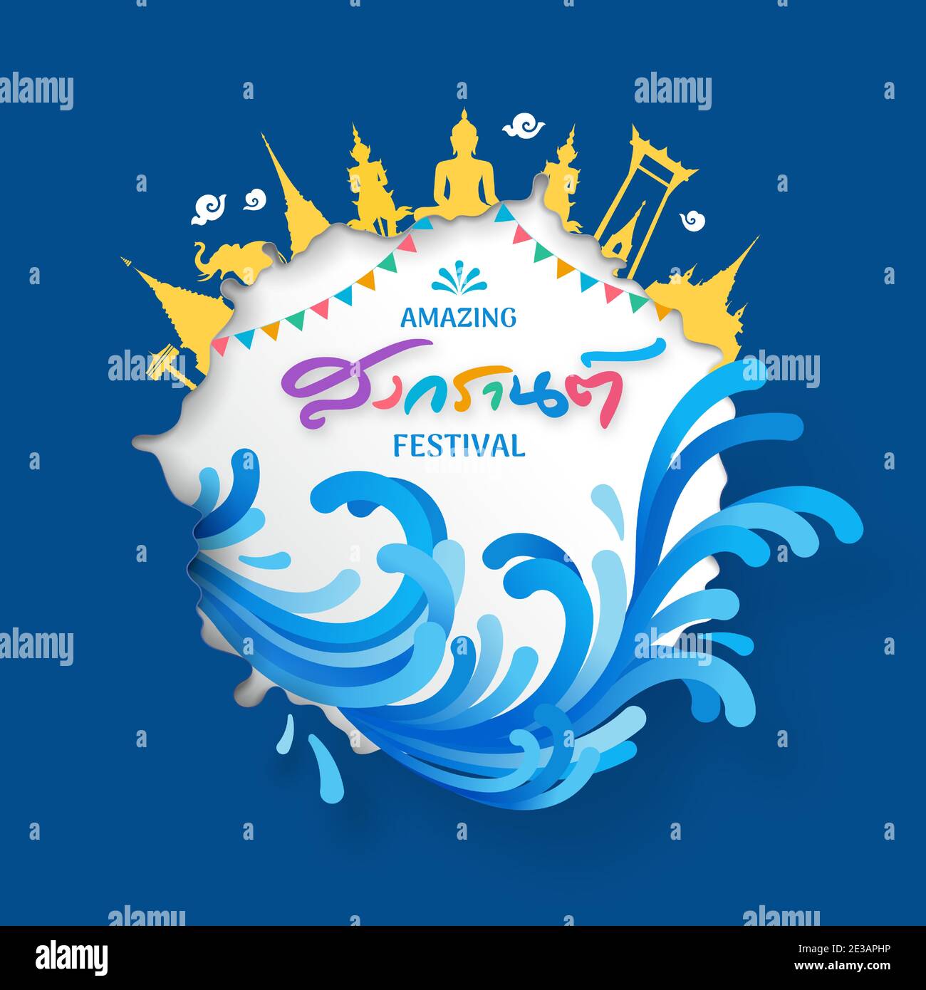 Songkran Wasserfestival Vektor Illustration, Papierschnitt bewirkt, Copyspace und Landmarken, Wasser spritzt. Thailändische Schriftzüge und Alphabete handgeschrieben Stock Vektor