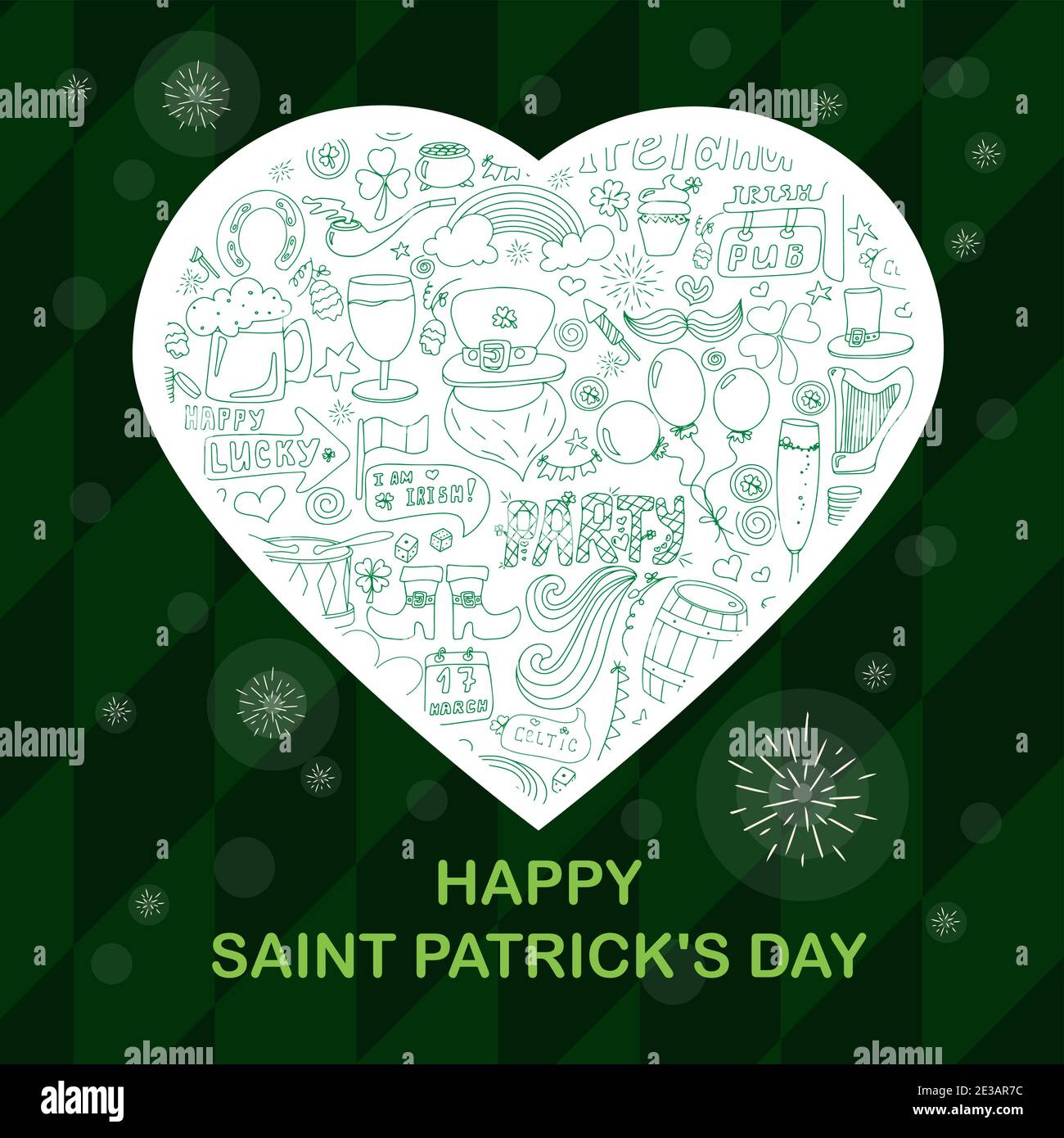 St. Patrick s Day Grußkarte mit handgezeichneten Bildern. Ein Bierkritzel, ein Regenbogen, ein Koboldbart, Münzen, ein Melone, ein Klee, ein Zylinder, eine irische Flagge und ein Bierkrug. Vorlage für eine Postkarte, Einladung, Werbung oder Banner für den irischen Feiertag März 17. Vektorgrafik. Stock Vektor