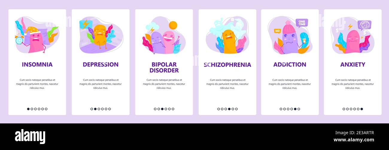 Psychische Störungen. Schlaflosigkeit, Depression, sucht, Schizophrenie. Mobile App-Bildschirme, Vektor-Website-Banner-Vorlage. Stock Vektor
