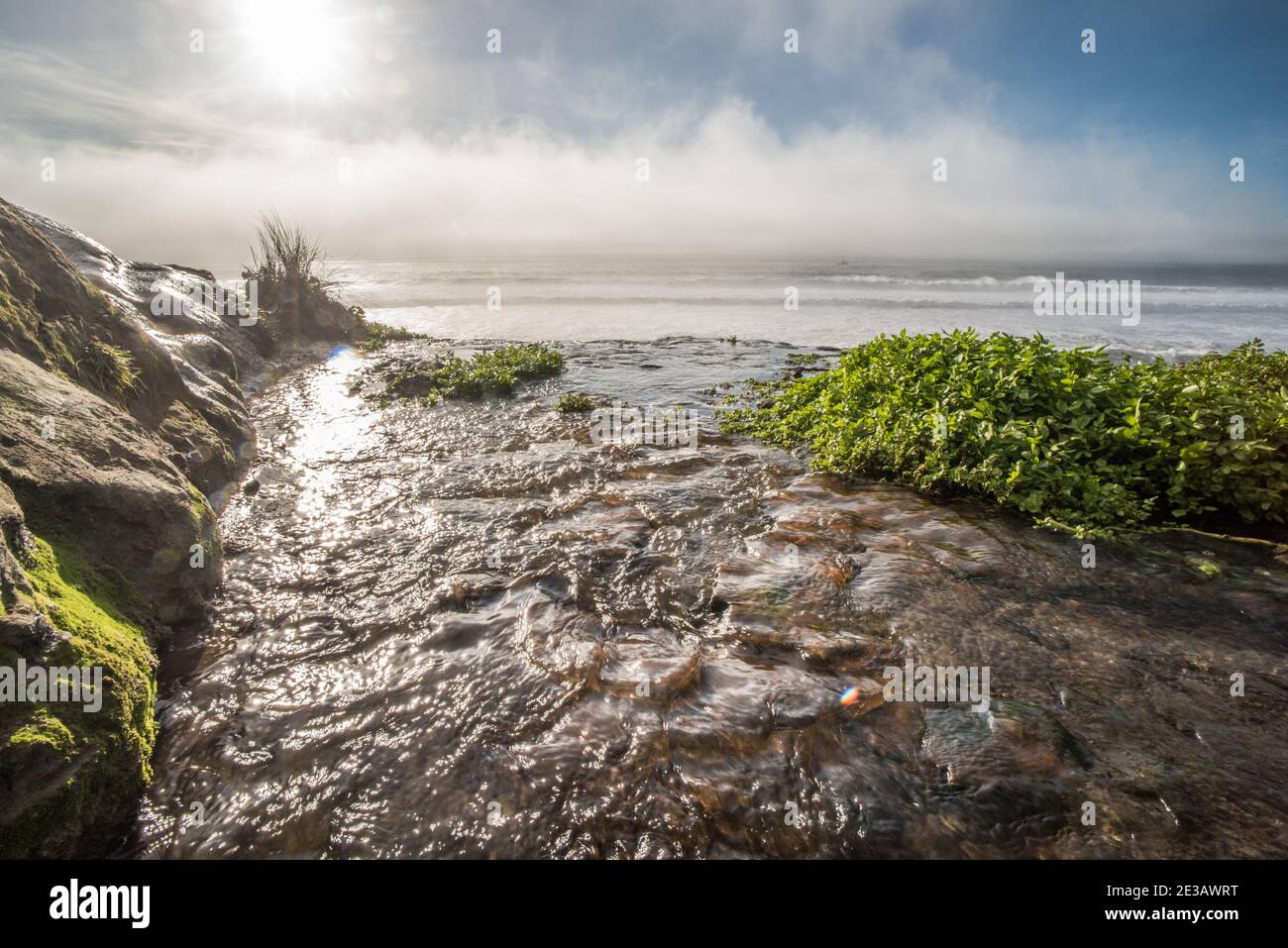 Der Blick von der Spitze der Alamere Wasserfälle, ein seltener Wasserfall in Kalifornien, wo das Süßwasser Kaskaden von einer Klippe und in den Pazifischen Ozean. Stockfoto