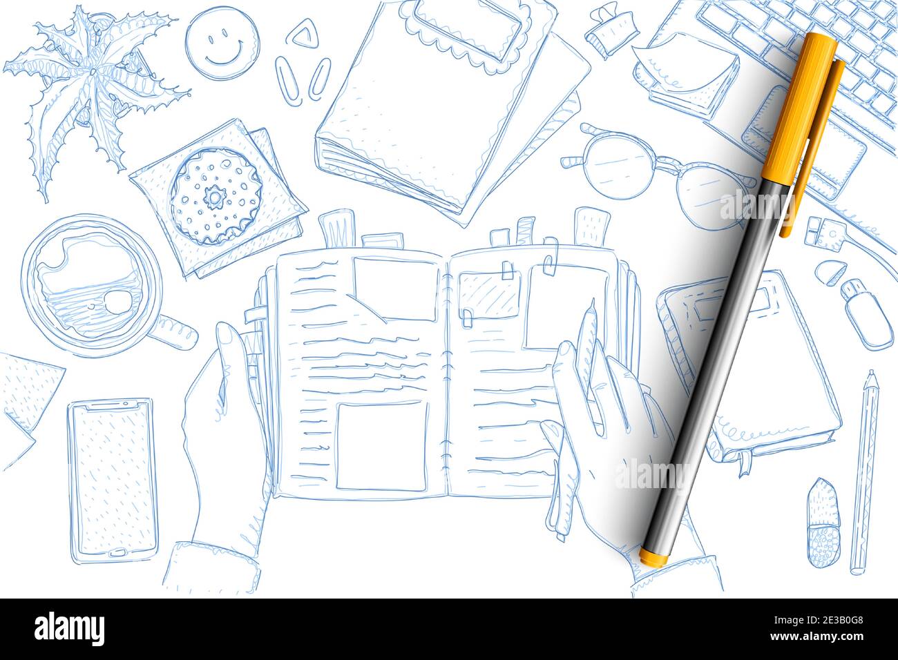 Notizen des Reisenden Doodle Set. Sammlung von handgezeichneten touristischen Hände mit Notebook und Erinnerungen, Karten, Seestern, Smartphone, Bleistift, Laptop und Urlaub Symbole isoliert auf transparentem Hintergrund Stock Vektor