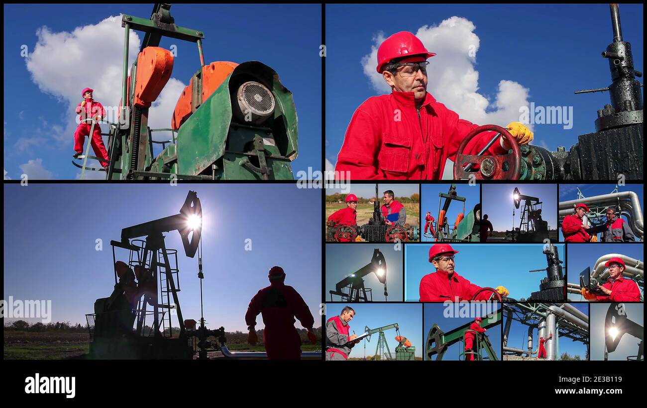Montage Sammlung von Bildern, die die Produktion fossiler Brennstoffe zeigen. Öl- und Gasindustrie. Pumpenhubelbohrgerät. Öl- und Gasarbeiter bei der Arbeit. Stockfoto