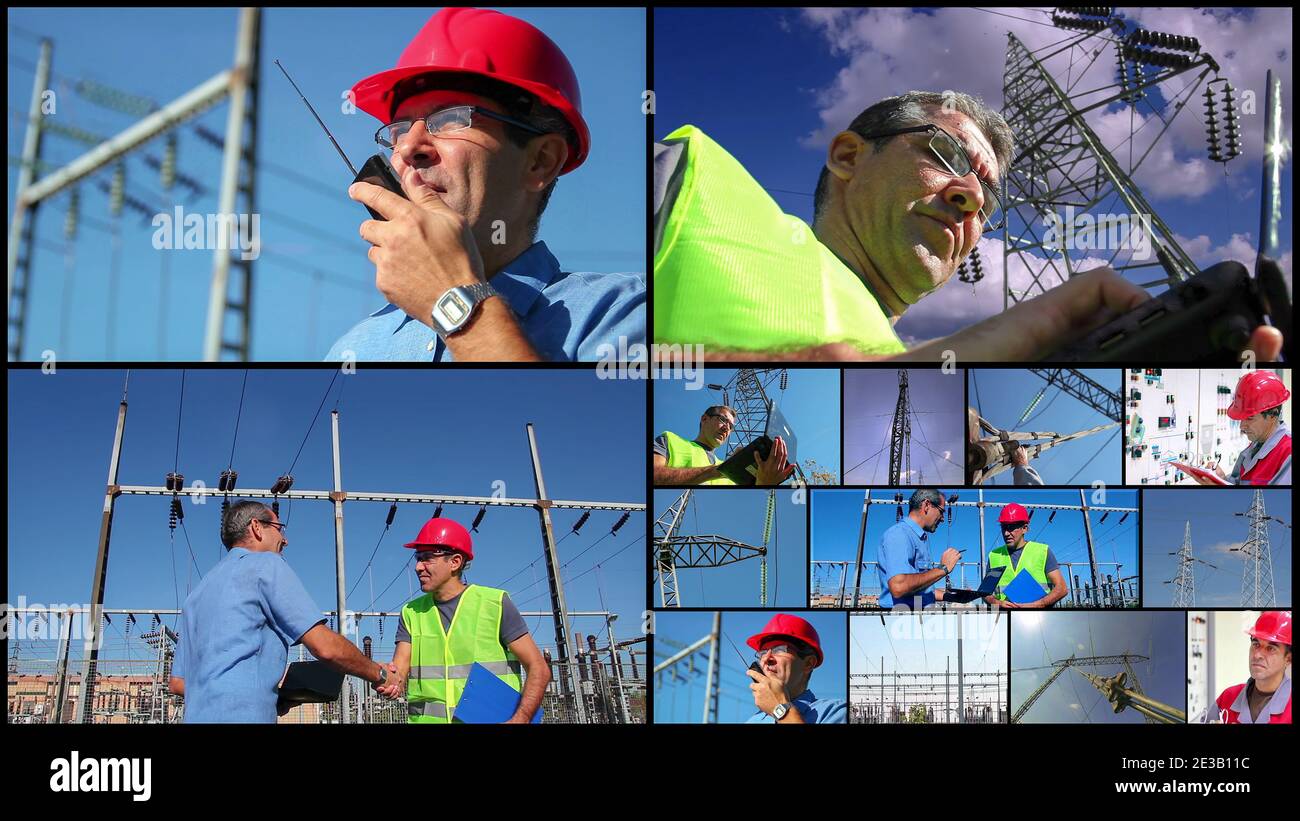 Collage aus Fotografien, die Ingenieure und Arbeiter von Energieunternehmen bei der Arbeit zeigen. Versorgungsarbeiter im Umspannwerk mit Energieverteilungsanlagen. Stockfoto