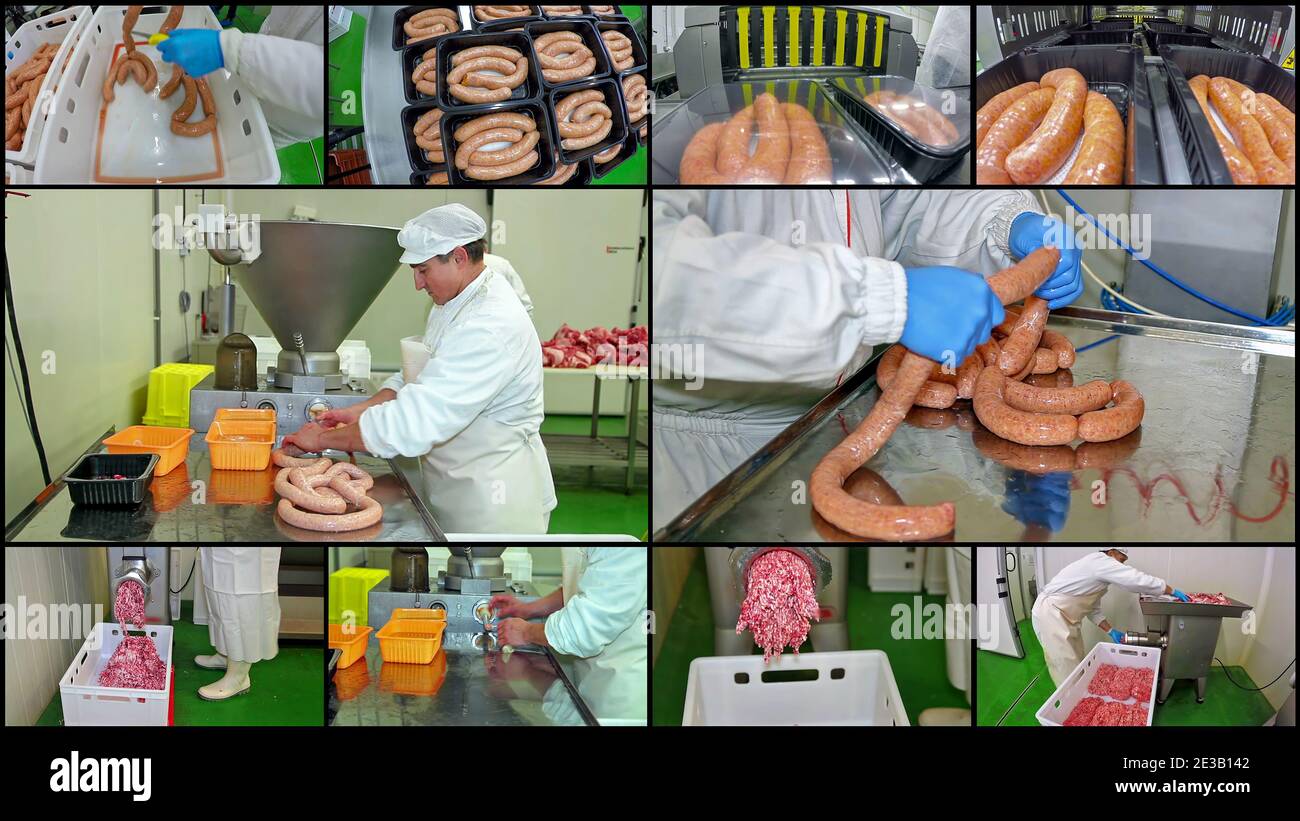 Collage von Fotografien, die Arbeiter der Fleischfabrik bei der Fleischverarbeitung zeigen.Metzger, der Würste im Schlachthof herstellt. Automatische Vakuum Fleisch Verpackung Stockfoto