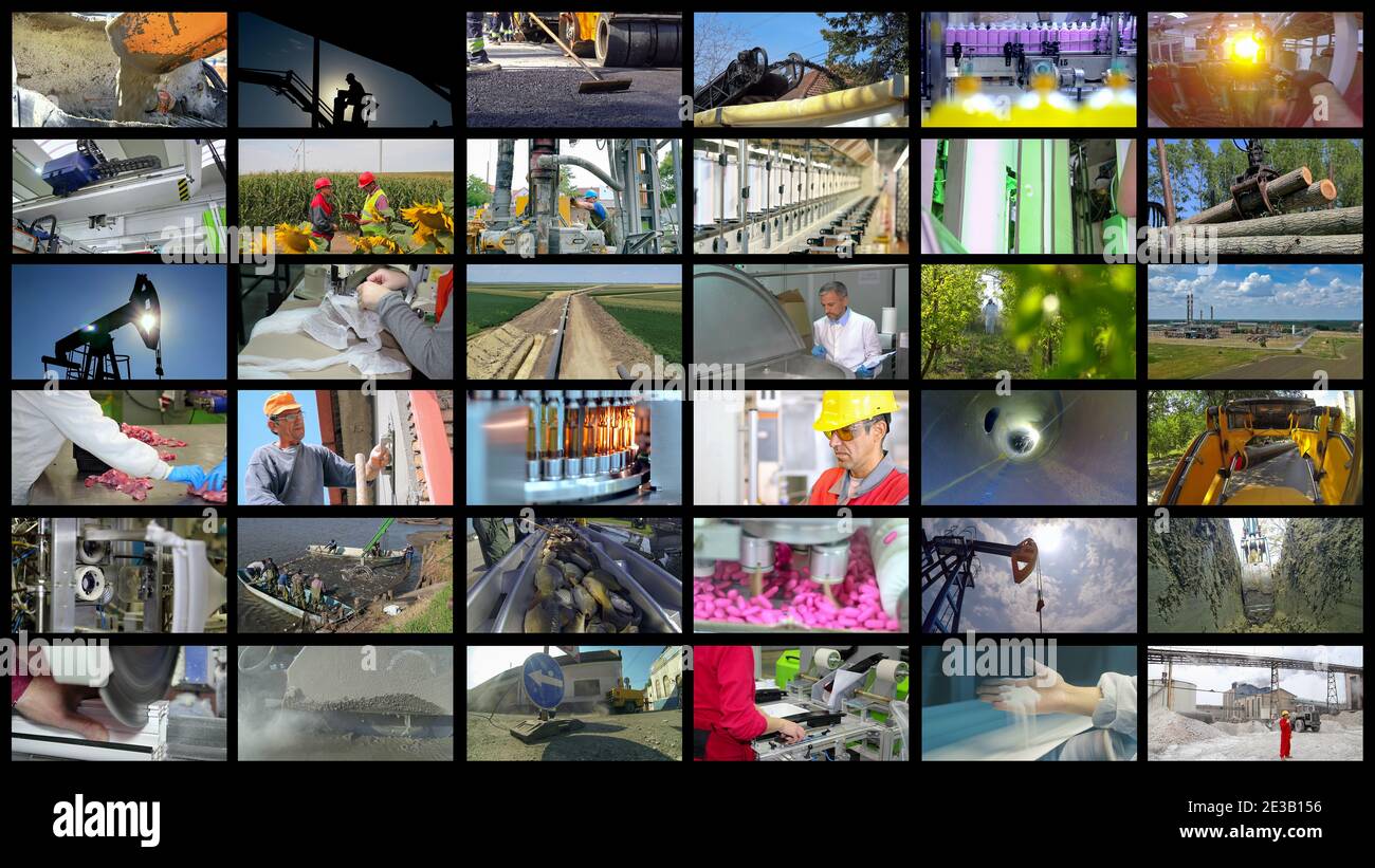 Industrielle Produktion Collage - Berufliche Berufe - Menschen Bei Der Arbeit. Industrielles Multi-Screen-Konzeptfoto. Stockfoto