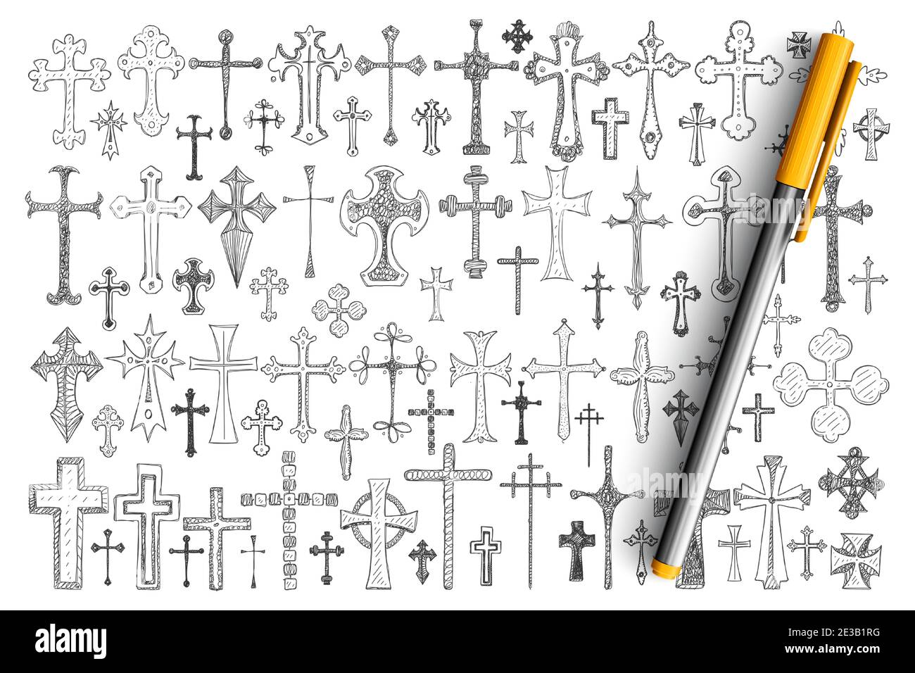 Verschiedene religiöse Kreuze Doodle Set. Sammlung von handgezeichneten Kreuzen in verschiedenen Größen und Stilen als Symbol des religiösen Glaubens, Christentum isoliert auf transparentem Hintergrund Stock Vektor