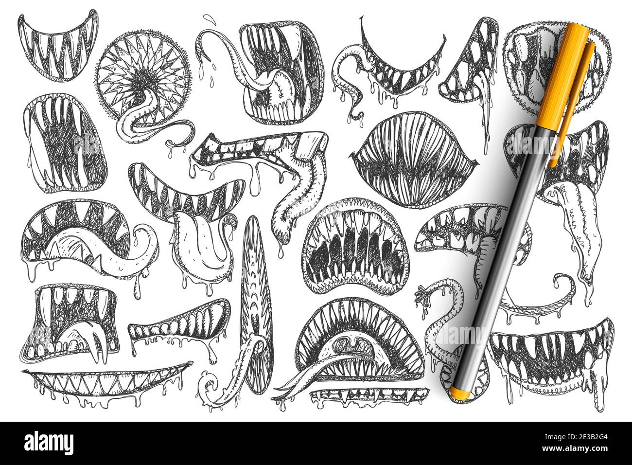 Gruselige Zähne und Mund Doodle Set. Sammlung von Hand gezeichnet gruseligen Mund, Zähne, Zunge als Schlange oder als Tätowierungen isoliert auf transparentem Hintergrund Stock Vektor