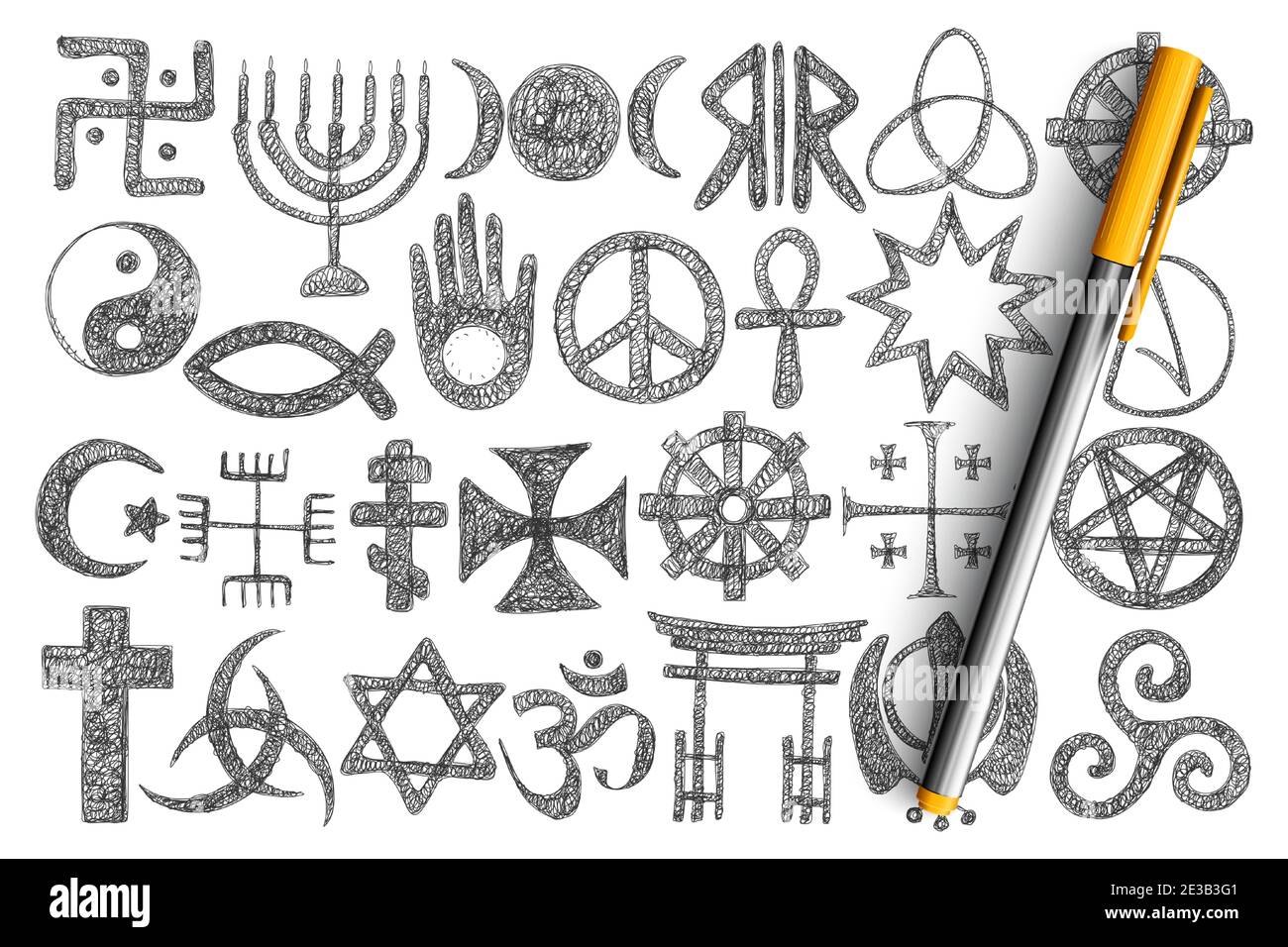 Verschiedene religiöse Symbole Doodle Set. Sammlung von handgezeichneten Kreuz, Harmonie und Teufel Zeichen, Sterne, buddhismus und muslimische Symbole isoliert auf transparentem Hintergrund. Illustration der heiligen Zeichen Stock Vektor