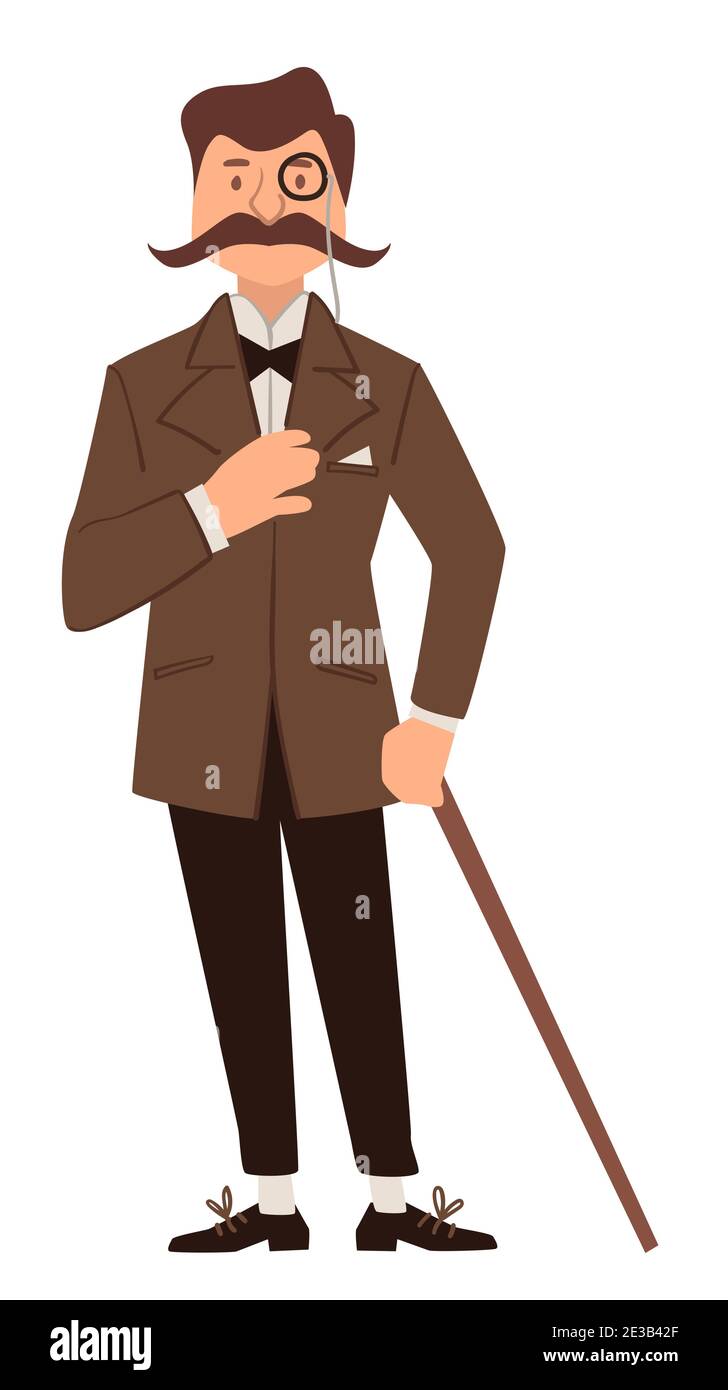 Vintage Gentleman mit Spazierstock und Brille Stock Vektor